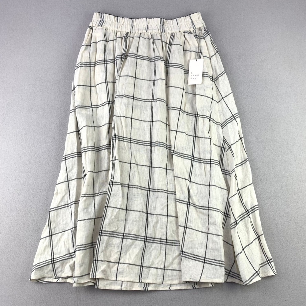 A New Day Midi Skirt Women Size M Plaid Linen Elastic Waist NWT Prairie Cottage